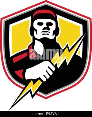 Mascot icon illustration of bust of a power lineman or electrician holding a thunderbolt or lightning bolt  viewed from front set inside crest or shie Stock Vector