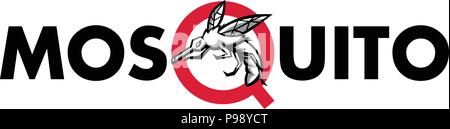 Mascot icon illustration of an angry mosquito flying viewed from side set inside letter "Q" of the word or text "mosquito" on isolated background in r Stock Vector