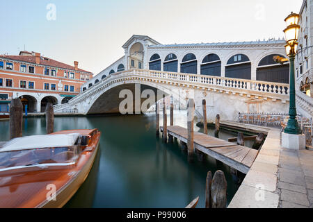 The Grand Canal and Rialto bridge in the early morning, nobody in Venice, Italy Stock Photo