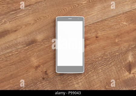 Gray smartphone with white blank screen on wooden background. Isolated with clipping path around smartphone and around screen copy space. 3d render Stock Photo