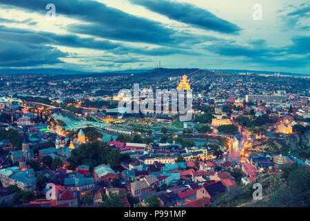 Beautiful evening panoramic view of Tbilisi after sunset, Georgia country Stock Photo
