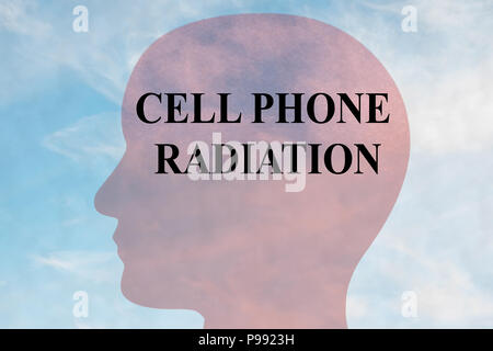 Render illustration of CELL PHONE RADIATION title on head silhouette, with cloudy sky as a background. Stock Photo