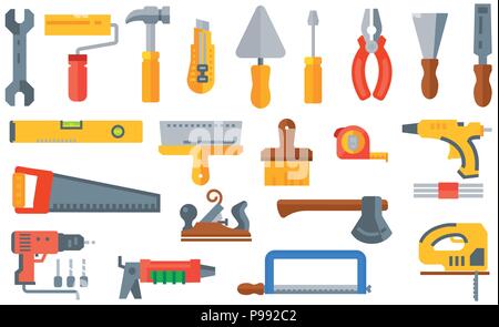Vector illustration set isolated icons building tools repair, construction buildings, drill, hammer, screwdriver, saw, file, putty knife ruler Stock Vector