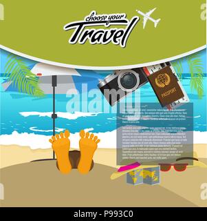 3D Realistic Travel and Tour creative Poster Design with realistic airplane, beach umbrella, passport and air tickets with palm tree leaf. Stock Vector