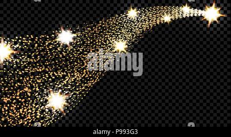 gold waves with a glitter effect on a checkered background. Comet with a luminous tail and stars. illustration Stock Vector