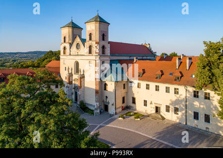 Benedictine abbey, monastery and Saint Peter and Paul church in Tyniec near Krakow, Poland. Aerial view at sunset Stock Photo