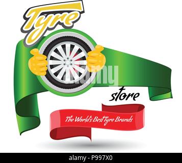 Tyre store or repair logo with red ribbon. Modern, solid and flat color style design vector. Stock Vector