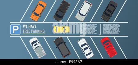 City parking lot with a group of different cars top view. Public car-park. Vector Flat illustration for web or poster banner. Stock Vector