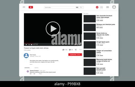Web page browser for video social media site with video player and related video interface. Vector illustration. Stock Vector