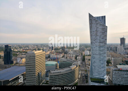 WARSAW, POLAND - JUNE 27, 2018.  View from above and urban skyline with skyscrapers hotels and office ,with commercial buildings at sunset in Warsaw d Stock Photo