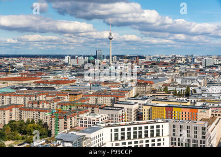 BERLIN, GERMANY - SEPTEMBER 22, 2017: Classic aerial view of Berlin skyline with famous TV tower (Fernsehturm) at Alexanderplatz and Berliner Dom. Sum
