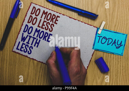 Conceptual hand writing showing Do More Do Less Do More With Less. Business photo text dont work hard work smart be unique Man holding marker paper cl Stock Photo