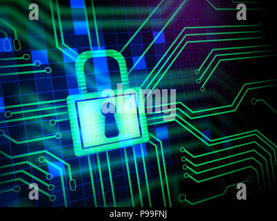 Padlock and keyhole in a printed circuit. Digital illustration. Stock Photo