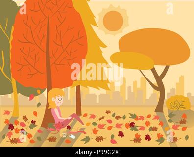 flat drawing vector cute girl sleeping under a tree in warm Autumn season Stock Vector