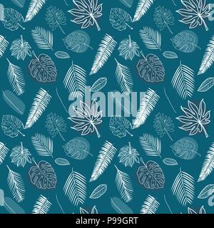 Seamless white line various tropical leaves pattern on navy blue background vector Stock Vector