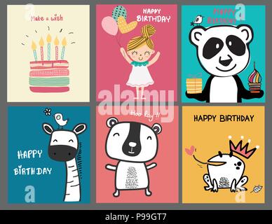 collection doodle cute cartoon birthday card Stock Vector