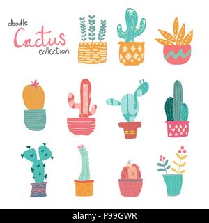 cute doodle hand drawn pastel cactus collection Stock Vector