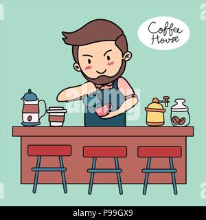 doodle hand drawn barista pouring latte art in coffee shop Stock Vector