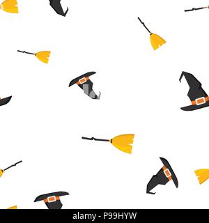Witch hat broom Halloween pattern seamless. Vector illustration. Isolated white background. All Saints Eve. Stock Vector