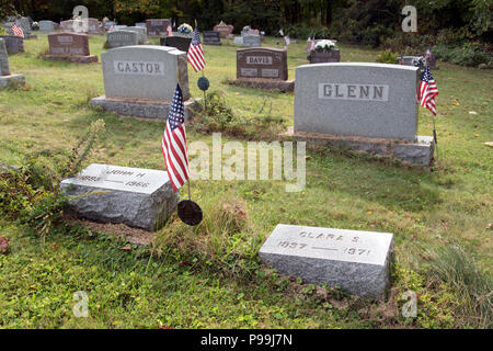 The graves of astronaut John Glenn’s and his wife’s parents are side by side at New Concord cemetery, Ohio. Stock Photo