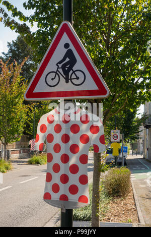 Roadside 'polka dot jersey' decoration on the route of the 2018 Tour de France in Vernon, Normandy, France Stock Photo