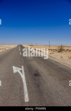 Keep left arrow on straight road through barren landscape of Namib Desert in Namibia Stock Photo