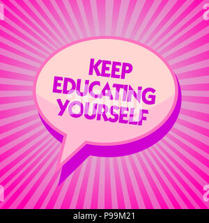 Text sign showing Keep Educating Yourself. Conceptual photo dont stop studying Improve yourself using Courses Purple speech bubble message reminder ra Stock Photo