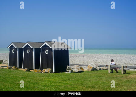 Beach cabins at seaside resort Sainte-Marguerite-sur-Mer along the North Sea coast, Seine-Maritime, Haute-Normandie, Côte d'Albâtre, Normandy, France Stock Photo