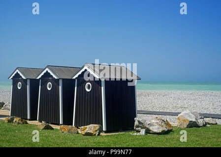 Beach cabins at seaside resort Sainte-Marguerite-sur-Mer along the North Sea coast, Seine-Maritime, Haute-Normandie, Côte d'Albâtre, Normandy, France Stock Photo