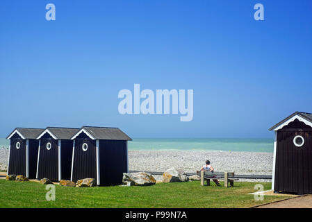 Beach cabins at seaside resort Sainte-Marguerite-sur-Mer along the North Sea coast, Seine-Maritime, Haute-Normandie, Côte d'Albâtre, Normandy, France Stock Photo