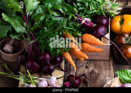 Fresh organic homegrown colofrul vegetables on wooden rustic table, harvest still life Stock Photo