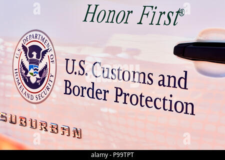 Prescott, Arizona, USA - June 30, 2018: Border Patrol SUV with Homeland Security Emblem on the driver's side door in downtown Prescott for the 4th of  Stock Photo