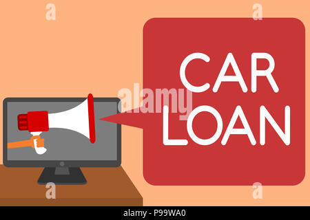 Handwriting text writing Car Loan. Concept meaning taking money from bank with big interest to buy new vehicle Man holding Megaphone loudspeaker compu Stock Photo