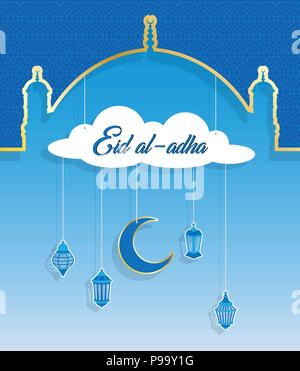 Eid al-adha greeting in paper cut out style with dome and lanterns. All the objects are in different layers and the text types do not need any font. Stock Vector