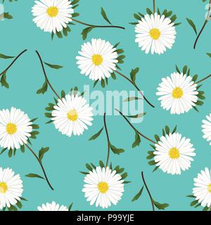 White Aster, Daisy on Green Teal Background. Vector Illustration. Stock Vector
