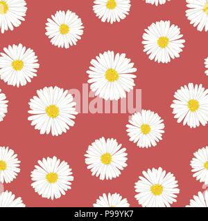 White Aster, Daisy Seamless on Red Background. Vector Illustration. Stock Vector