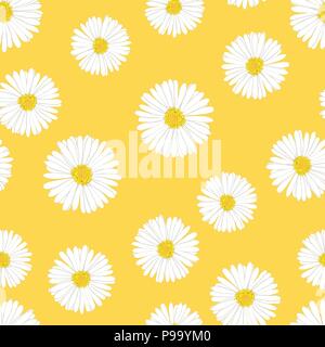 White Aster, Daisy Seamless on Yellow Background. Vector Illustration. Stock Vector