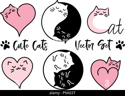 Cute cats yin yang sign, heart symbol, set of vector design elements Stock Vector