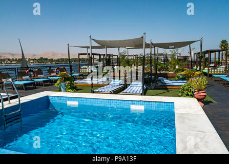 Sun deck on a Nile River Cruise ship showing the swimming pool, and ...