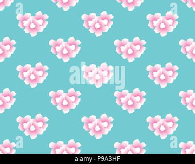 Pink Trumpet Flower Seamless on Blue Mint Background. Vector Illustration. Stock Vector
