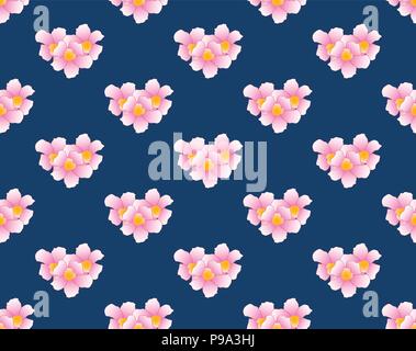 Pink Trumpet Flower Seamless on Indigo Blue Background. Vector Illustration. Stock Vector
