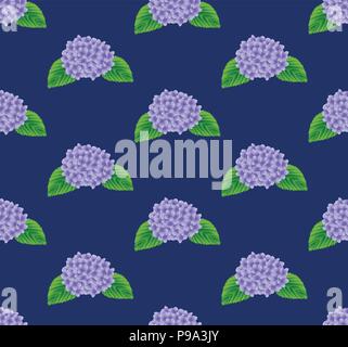 Purple Hydrangea Flower Seamless on Indigo Blue Background. Vector Illustration. Stock Vector