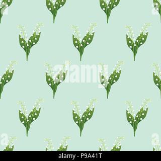 White Lily of the Valley Seamless on Green Mint Background. Vector Illustration. Stock Vector