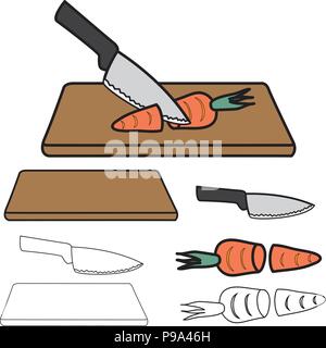 Knife Cutting Carrot on Wooden Board and Outline isolated on White Background. Vector Illustration. Stock Vector