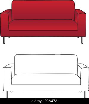 Red Sofa and Outline isolated on White Background. Vector Illustration. Stock Vector