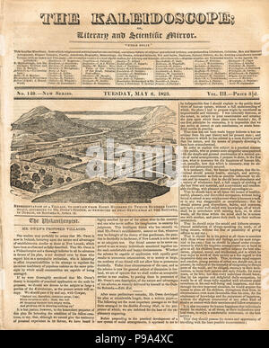 The front page of The Kaleidoscope, or literary and Scientific Mirror, 6 May 1823, reporting on Robert Owen's visit to Ireland where he outlined plans for a model village in Ireland, at the Rotunda in Dublin on 12 April 1823. Stock Photo