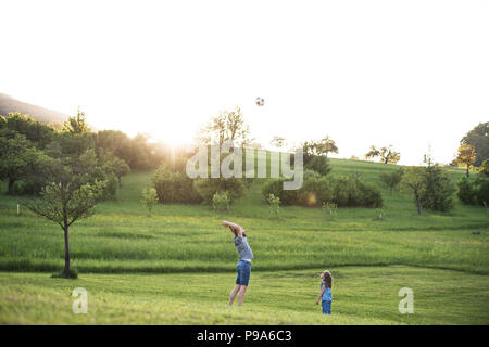 Father with a small daughter playing with a ball in spring nature. Stock Photo