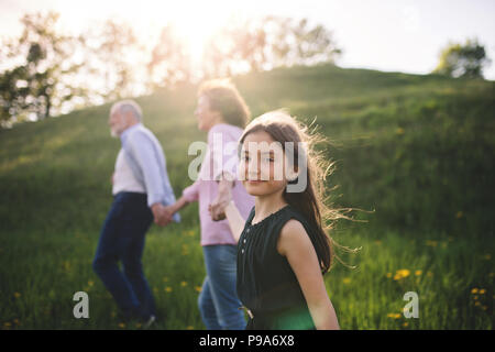 Senior couple with granddaughter outside in spring nature, walking. Stock Photo
