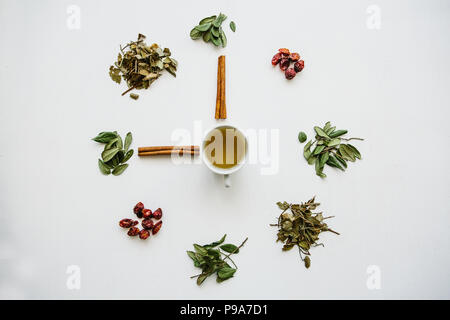 A concept or creative idea that means tea time. Useful herbal or green tea in the center and around the various dried herbs for its preparation. Stock Photo