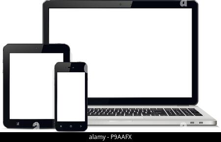 Mockup consisting of laptop, tablet pc and mobile smartphone with blank screen. For adaptive design presentation. Vector illustration. Stock Vector